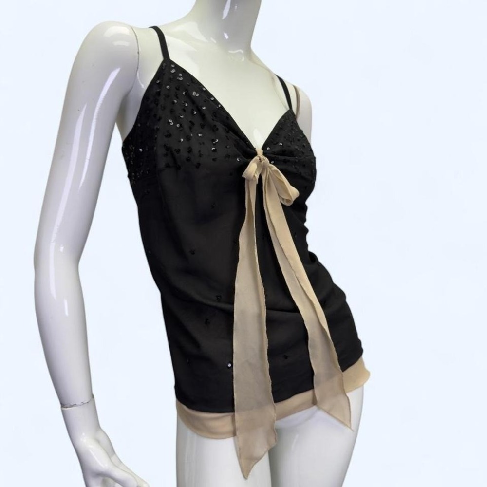 sheer layered‎ cami top with black sequin mesh overlay, soft chiffon underlayer